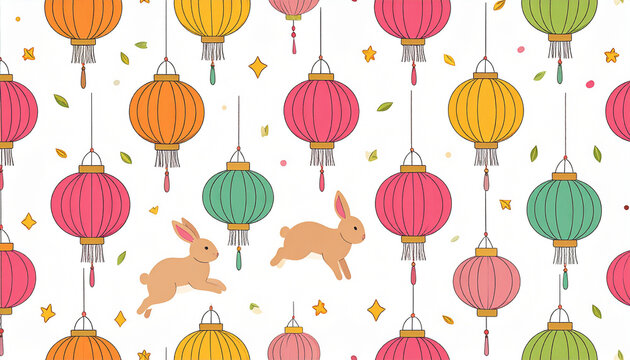 Colorful lanterns and rabbits illustration