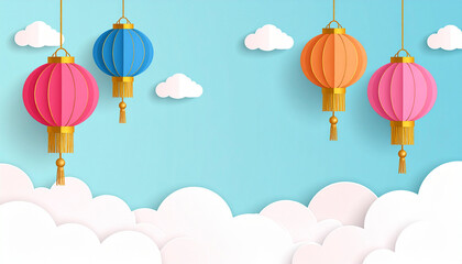 Obraz premium Colorful paper lanterns hanging in a blue sky