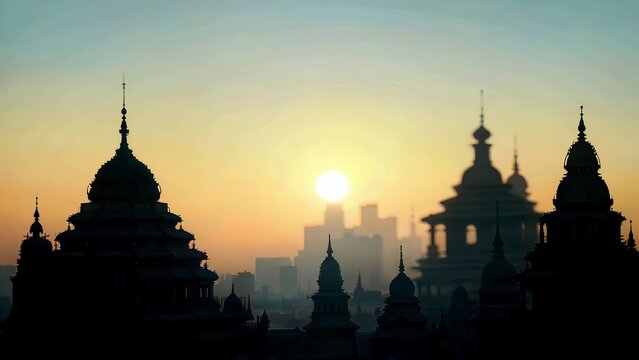Silhouette of ornate buildings and city skyline against a vibrant sunrise sky creating a serene and majestic cityscape perfect for travel blogs and architectural photography enthusiasts - Powered by Adobe