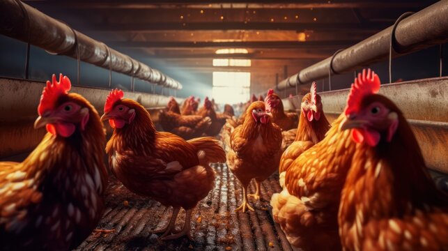 chickens, barn, wooden beams, straw, red crests, cage, feathers, indoor farming, livestock, poultry, rustic, cozy, peaceful
