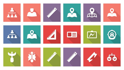 Flat Design Vector Icons Set with Long Shadow Effect. Collection of Business, Location, Measurement, and Organizational Symbols