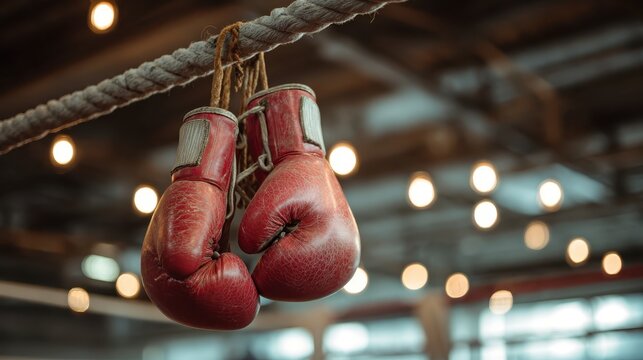Old red boxing gloves hang from a rope in a training gym filled with soft lighting during evening hours
