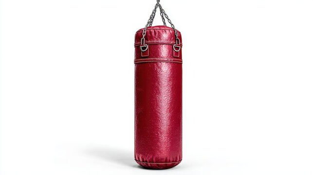 Red punching bag hanging on a chain in a bright gym space with white background during a training session