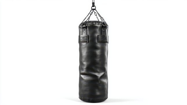 Heavy black punching bag hangs from a chain in a bright, empty gym ready for training sessions and workouts focused on fitness and skill improvement