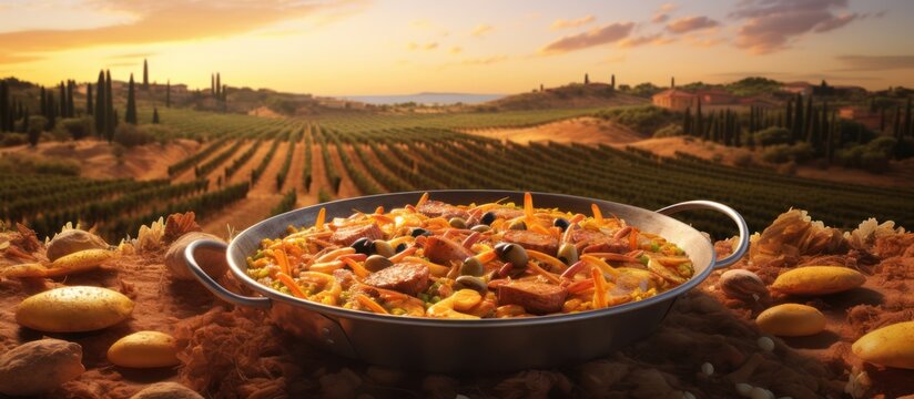a plate of wood-fired thin crust pizza with melted cheese and various toppings, set against a scenic Italian countryside landscape with rolling hills, vineyards, and a distant castle or villa, golden 
