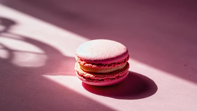 A single pristine macaron cookie with a vibrant pink hue, sitting on a smooth surface and catching the sunlight beautifully. The perfect treat for any occasion.