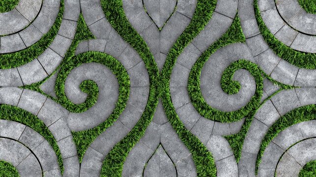 Interlocking gray stone pavers and lush green grass form a seamless, ornamental garden mosaic of spirals and waves, creating a tranquil, modern outdoor texture and pathway - Powered by Adobe