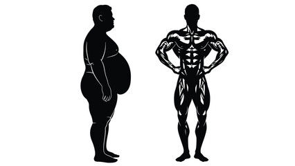 Weight Loss and Fitness Transformation Concept: Obese Man Silhouette vs Muscular Bodybuilder Silhouette Vector Illustration