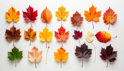 Fototapeta premium Colorful autumn leaves arranged on a white background