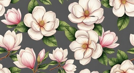 A beautiful seamless pattern featuring elegant white magnolia flowers with lush green leaves on a sophisticated dark grey backdrop