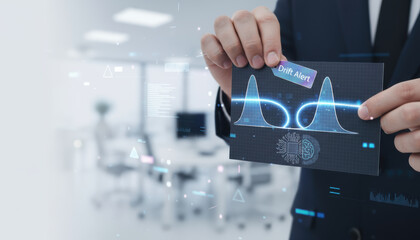 Data foundation quality. ai transformation business driving predictive analytics and model drift alert modern office with professional holding
