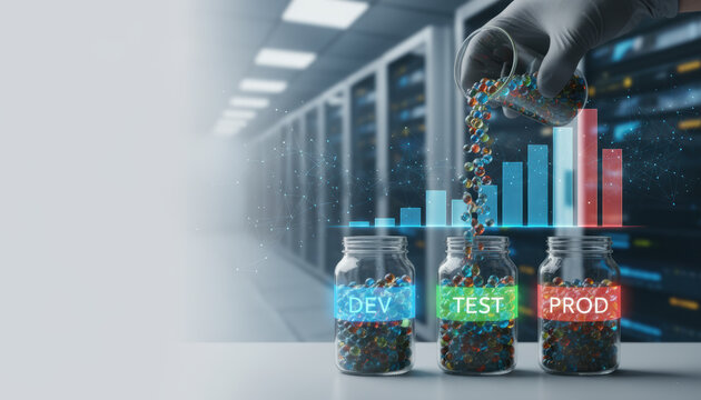 Data foundation quality. ai transformation business drives software pipeline growth jars labeled dev test prod filled with beads - Powered by Adobe