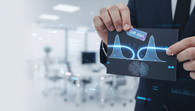 Data foundation quality. ai transformation business driving predictive analytics and model drift alert modern office with professional holding