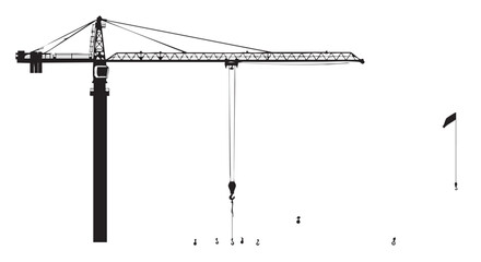 A black and white illustration depicts a towering construction crane, essential for lifting heavy materials at a building site.