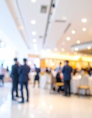 Blurred crowd gathers in brightly lit hall for event