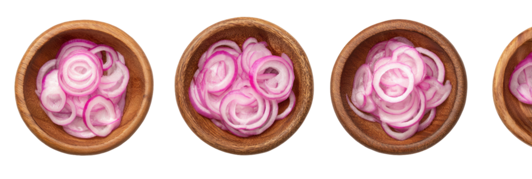 Thinly sliced red onions in wooden bowls (3)