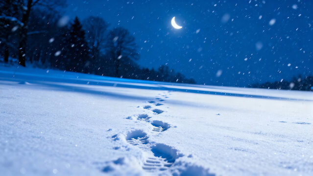 Footprints in fresh snow under a crescent moonlight in a serene winter landscape at night - Powered by Adobe