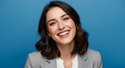 Portrait of happy young business woman posing isolated on blue background.