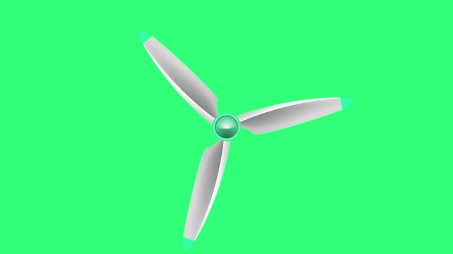 A modern three-bladed wind turbine propeller or fan rotating on a solid green screen background for chroma key compositing.