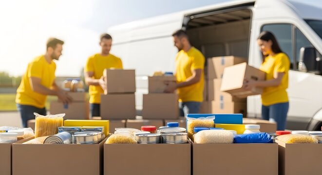 Food donation for charity work. Group of volunteers packing food in boxes for delivering to people in need. Social support for poor people.