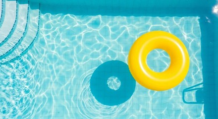A vibrant image of a yellow inflatable ring floating gracefully on crystal-clear water in a swimming pool, inviting a sense of relaxation and leisure.