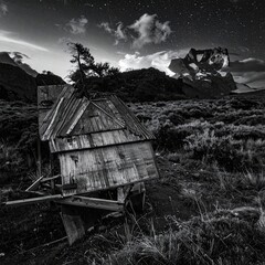 Dilapidated shack sits under starry sky, mountain backdrop