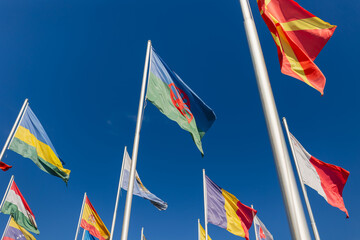 Roma Romani people flag green with red wheel waving with other European international flags blue sky. Cultural diversity inclusion minority rights
