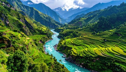Verdant terraced hills surround a turquoise river valley