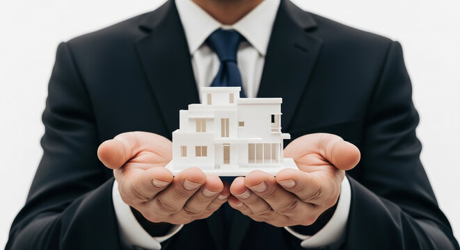 Business professional holds architectural model showcasing innovative design in a formal setting