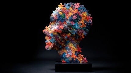 Colorful puzzle head silhouette on transparent background illustrating thought