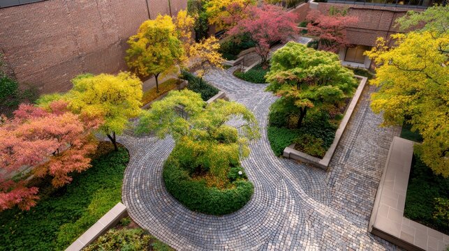 Urban garden design featuring winding cobblestone paths surrounded by diverse autumn foliage, green ground cover, and brick architecture from a high angle view