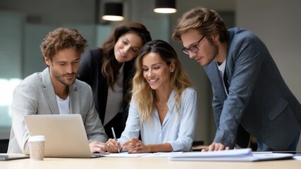 Happy business team collaborating on innovative ideas during a brainstorming session in a modern office space - Powered by Adobe