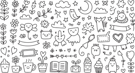 A whimsical collection of hand-drawn doodle elements featuring cute characters flowers clouds moon stars and banners