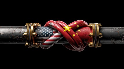 Intertwined pipes usa and china flags representing economic relations