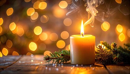Candle's warm glow, evergreen sprig, bokeh lights abound