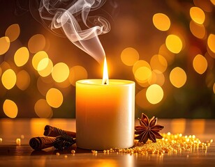 Lit candle with smoke, cinnamon, & soft, blurry background