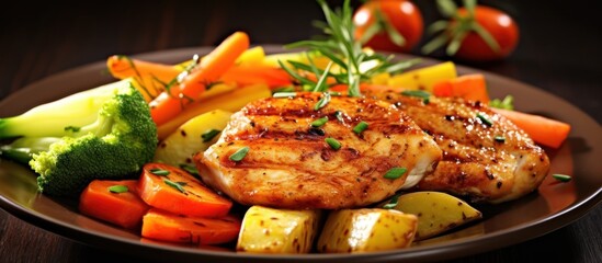 grilled chicken, roasted vegetables, potatoes, herbs, food photography, appetizing, warm lighting, dark background
