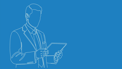 Continuous Line Drawing Vector Illustration of a Businessman in Suit Holding a Digital Tablet on a Blue Background