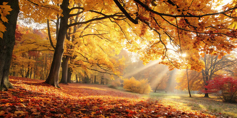 Golden autumn forest path in the morning
