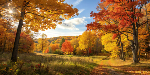 colorful autumn forest with golden and red leaves
