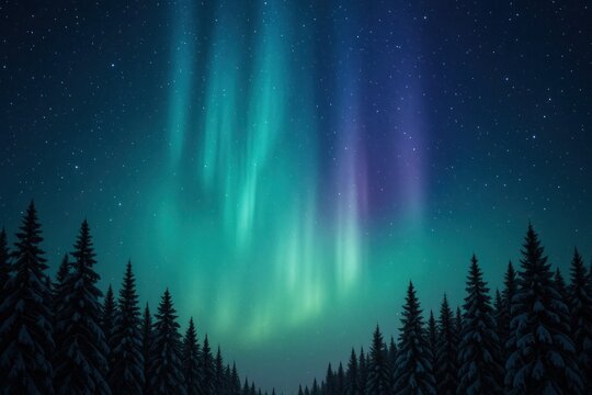 Enchanting aurora over snowy forest background