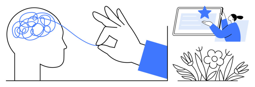 Hand untangling thoughts in a human mind, person engaging with knowledge on screen, blooming flowers. Ideal for education, mental clarity, creativity, growth, productivity, problem-solving simple