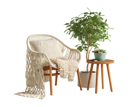 Cozy Macrame Armchair with Wooden Side Table and Potted Plants isolated on transparent background