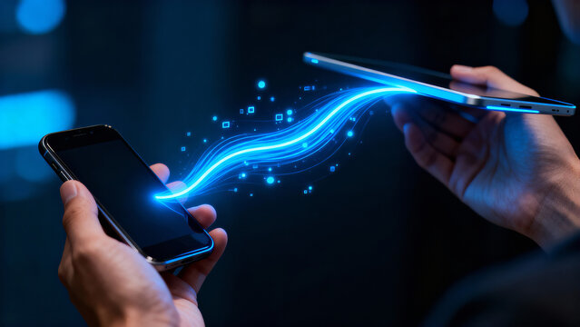 Technology meets connection in a digital transfer scene between a smartphone and tablet - Powered by Adobe