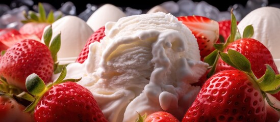 fresh ripe strawberries, creamy vanilla ice cream, whipped cream topping, soft focus, highly detailed, photorealistic, 8k resolution
