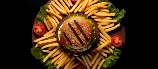 a burger with grilled patty, french fries, lettuce, tomatoes, on a dark background, 4K resolution, detailed, cinematic lighting, mouth-watering, high quality, appetizing

