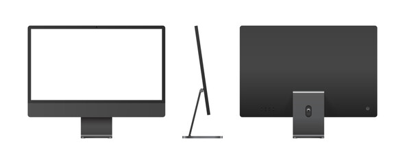 Black desktop monitor mockup in front, back and side angle. Computer blank display template vector illustration
