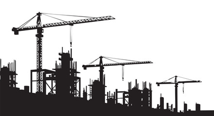 A silhouette depicts construction cranes and building frameworks against a white background, symbolizing urban development and progress.
