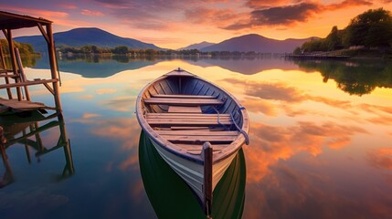 dramatic sunset over a serene lake, wooden boat reflected in still water, tranquil landscape with mountains in the distance, vibrant warm colors in the sky, atmospheric moody lighting, detailed textur