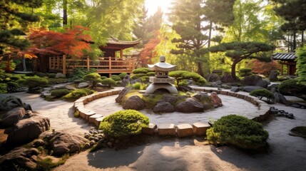 Japanese garden, traditional architecture, pagoda, koi pond, rock formations, lush greenery, natural lighting, serene landscape, atmospheric, cinematic, detailed, photorealistic
